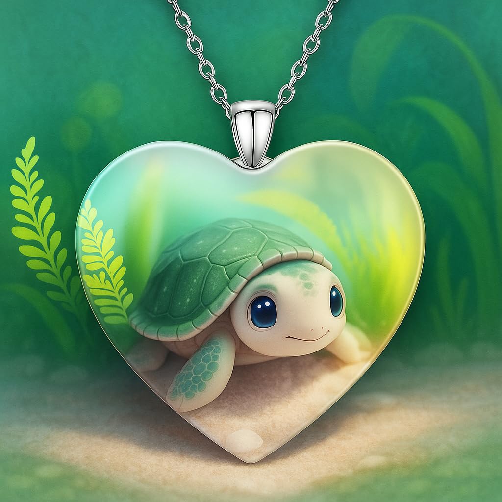 SUPAC Cute Underwater Turtle Glass Heart Pendant Necklace, 'I Love You Today, Tomorrow, Always' Engraved - Holiday, Christmas, or Birthday Gift