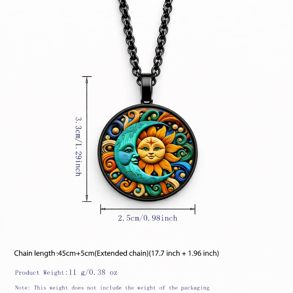 1pc Stunning Round Pendant Necklace - Unique Sun & Moon Pattern, Oil Painting Style Glass Mosaic, Alloy Construction, Trendy Sweater Chain, Fashionable Gift for Women - Christmas or Birthday Gift