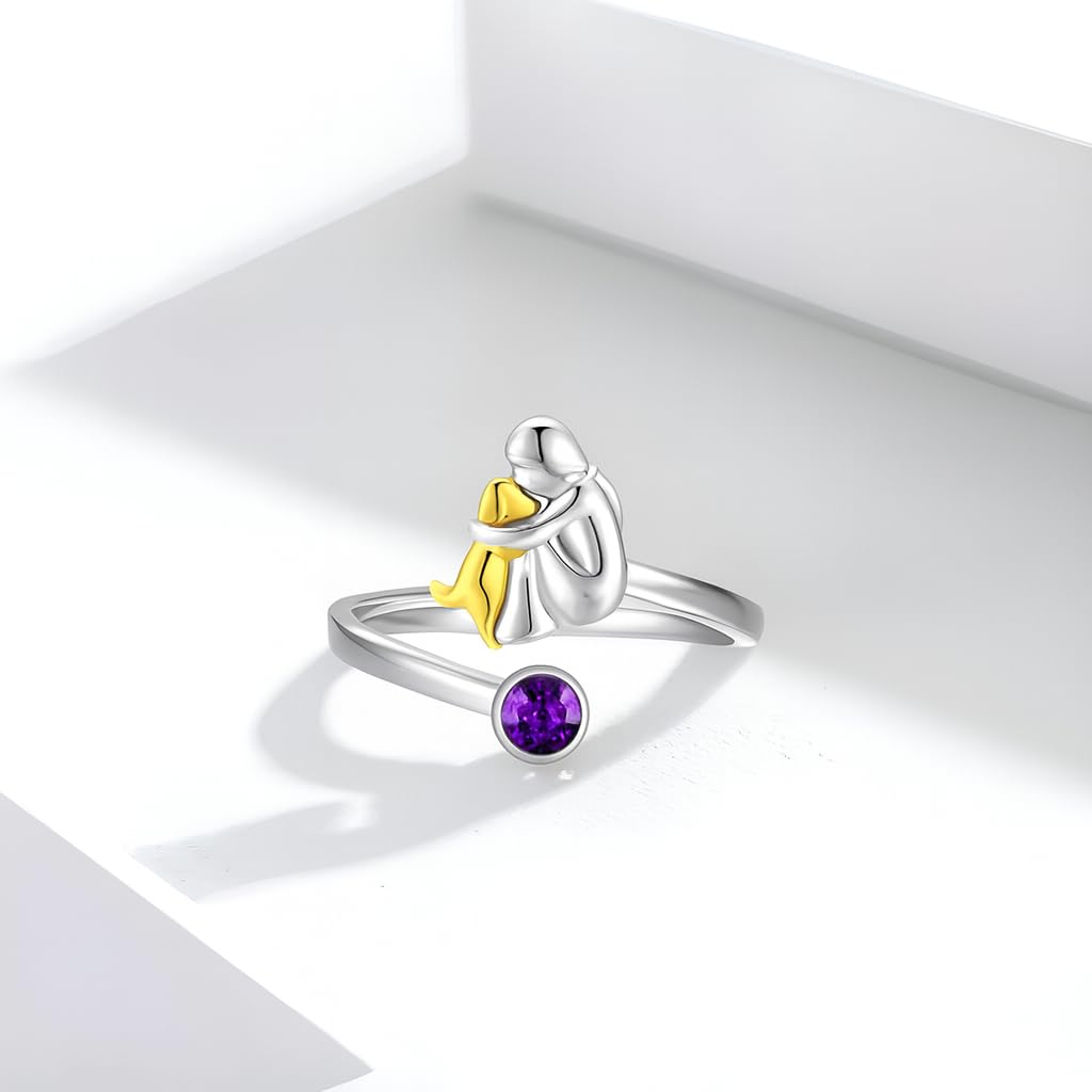 SUPAC Stainless Steel Dog and Human Adjustable Ring with Birthstone Crystal, Two-Tone Gold and Silver, 0.83 Inch (Purple)