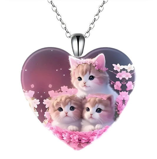 3 Cute Cuddily Kittens with Flowers Heart Pendant Necklace, Stainless Steel Necklace, 'I Love you Today, Tomorrow, Always' Engraved - Christmas, Holiday, or Birthday Gift