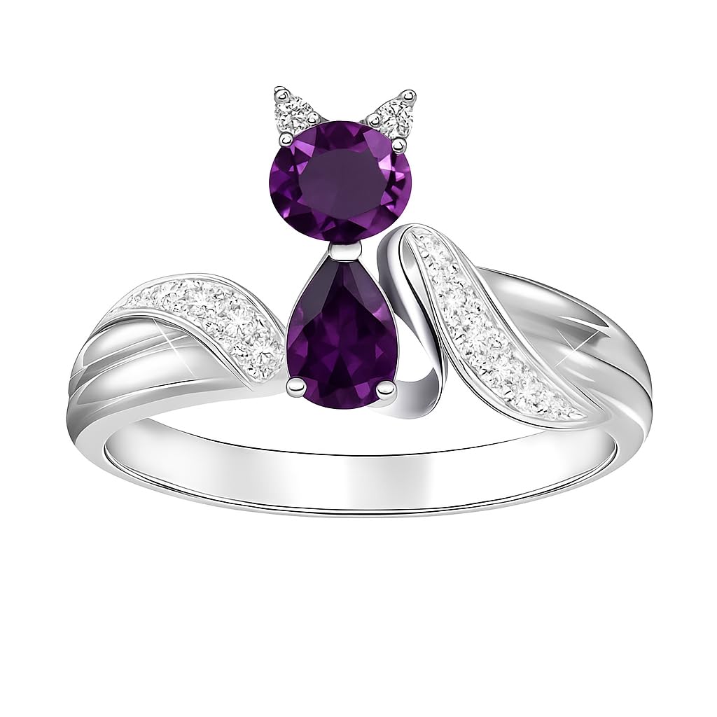 Stainless Steel Purple Crystal Cat Ring with Cubic Zirconia Accents - Glass Ring, Gift for Cat Lovers'