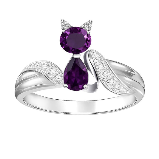 Stainless Steel Purple Crystal Cat Ring with Cubic Zirconia Accents - Glass Ring, Gift for Cat Lovers'