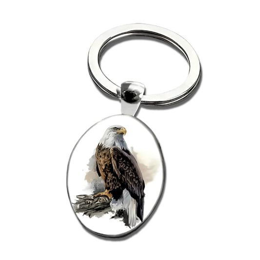 Mountain Sunset Stained Glass Art Keychain, Nature Scene Design, Round Pendant (Bald Eagle)