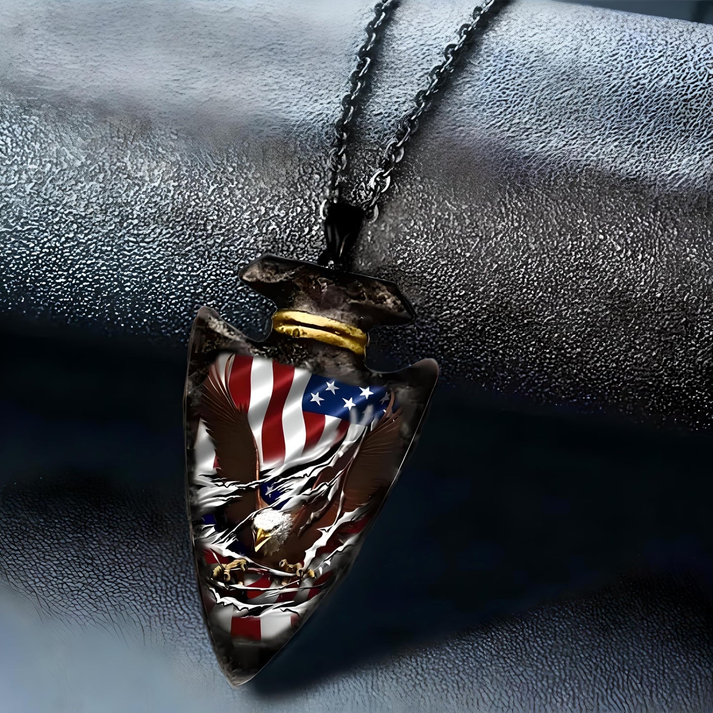 Battle Bald Eagle Stars and Stripes Pattern Necklace, Spear Shaped Triangle Pendant Arrowhead, Halloween, Christmas or Birthday Gift