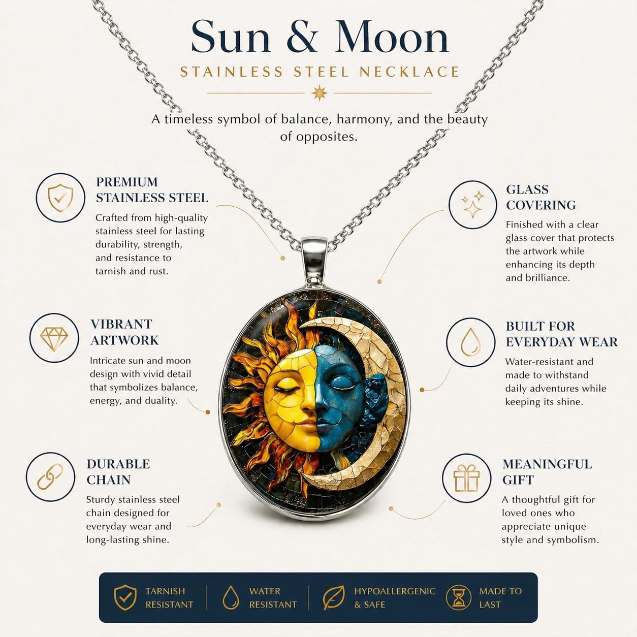 1pc Stunning Round Pendant Necklace - Unique Sun & Moon Pattern, Oil Painting Style Glass Mosaic, Alloy Construction, Trendy Sweater Chain, Fashionable Gift for Women - Christmas or Birthday Gift