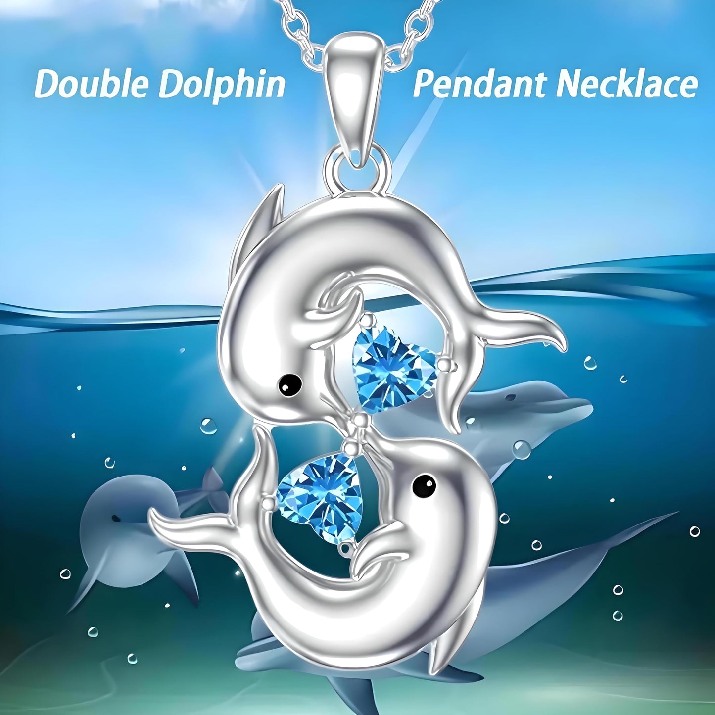 Sterling Silver Double Dolphin Pendant Necklace with Blue Crystal Hearts, Ocean Theme Jewelry