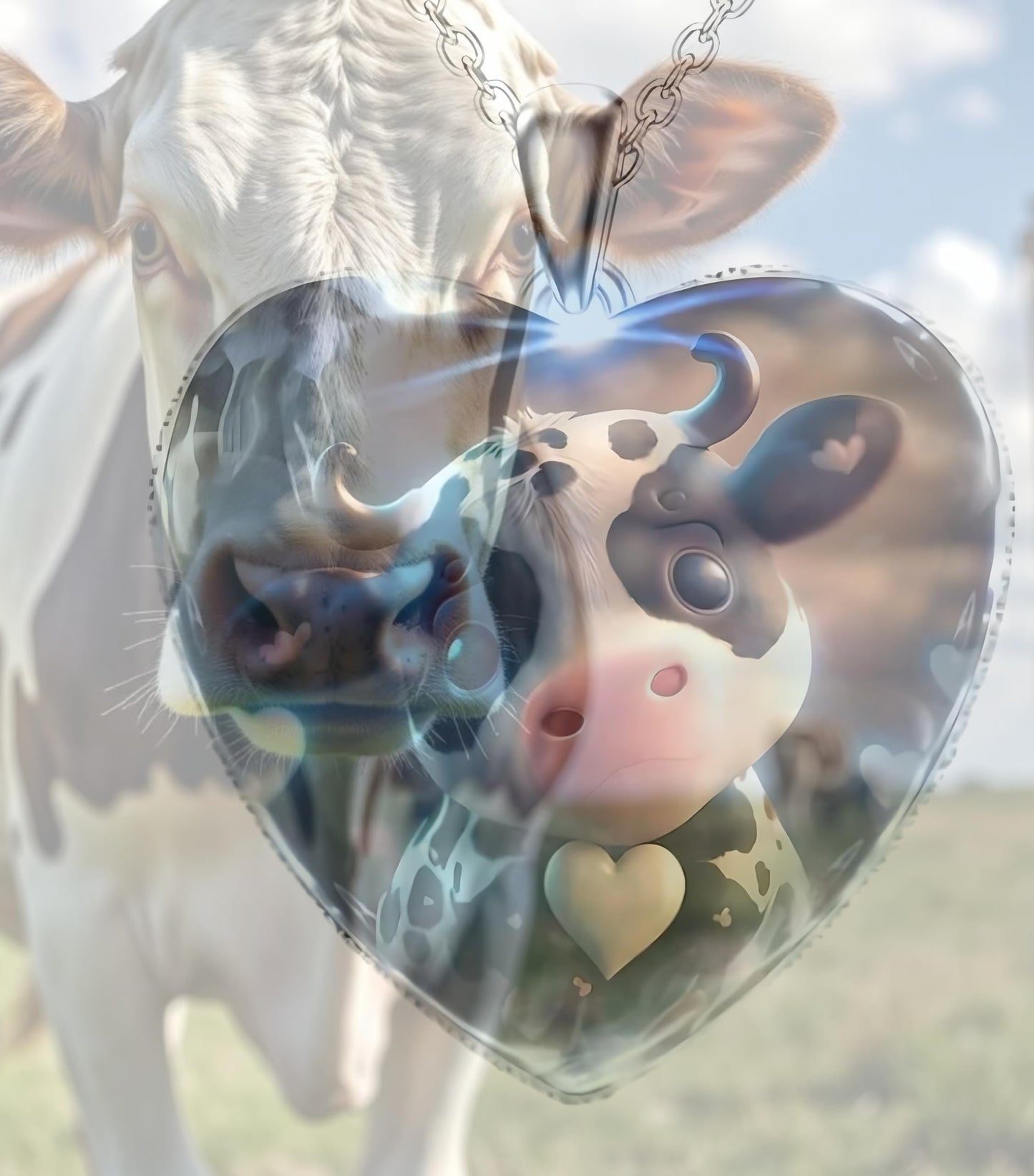 Heart-Shaped Pendant Necklace with Different Animals - Panda, Horse, Deer, Cat, Elephant, Dog Scenic Views, Stainless Steel Necklace with Glass Pendant - Christmas, Holiday, or Birthday Gift (Cow)