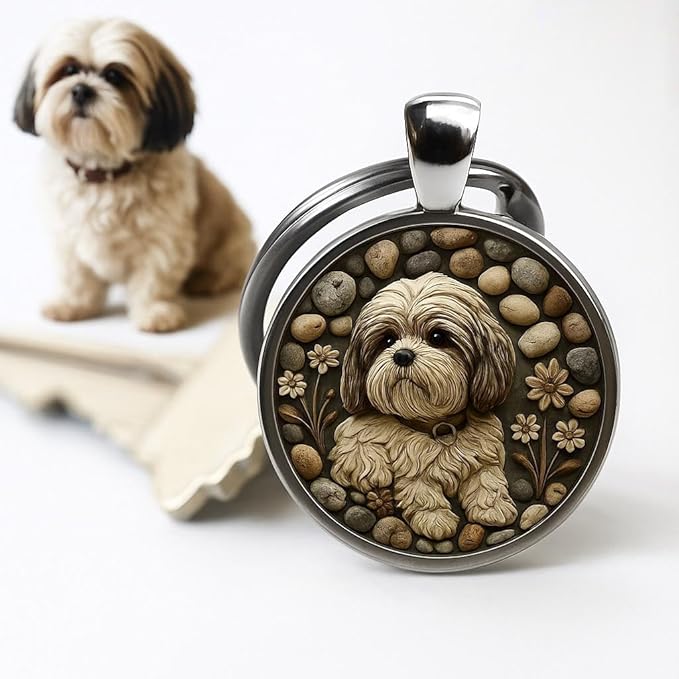 Shih Tzu Dog Lovers' Keychain, Different Puppy Breeds Portrait Round Glass Keychain, Silver Metal Frame, 1.06 Inch Diameter