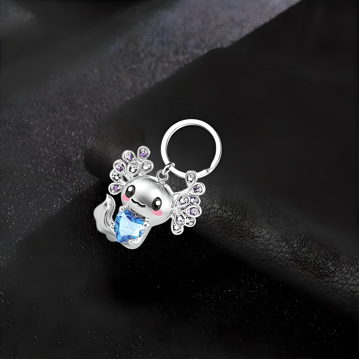 Cute Salamander Jewelry Set with Blue Crystal Heart, Silver Necklace, Earrings, Bracelet and Keychain