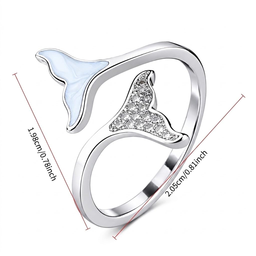 SUPAC Sterling Silver Whale Tail Ring with Crystal Accents, Adjustable Open Design - Gift for Whale Lovers