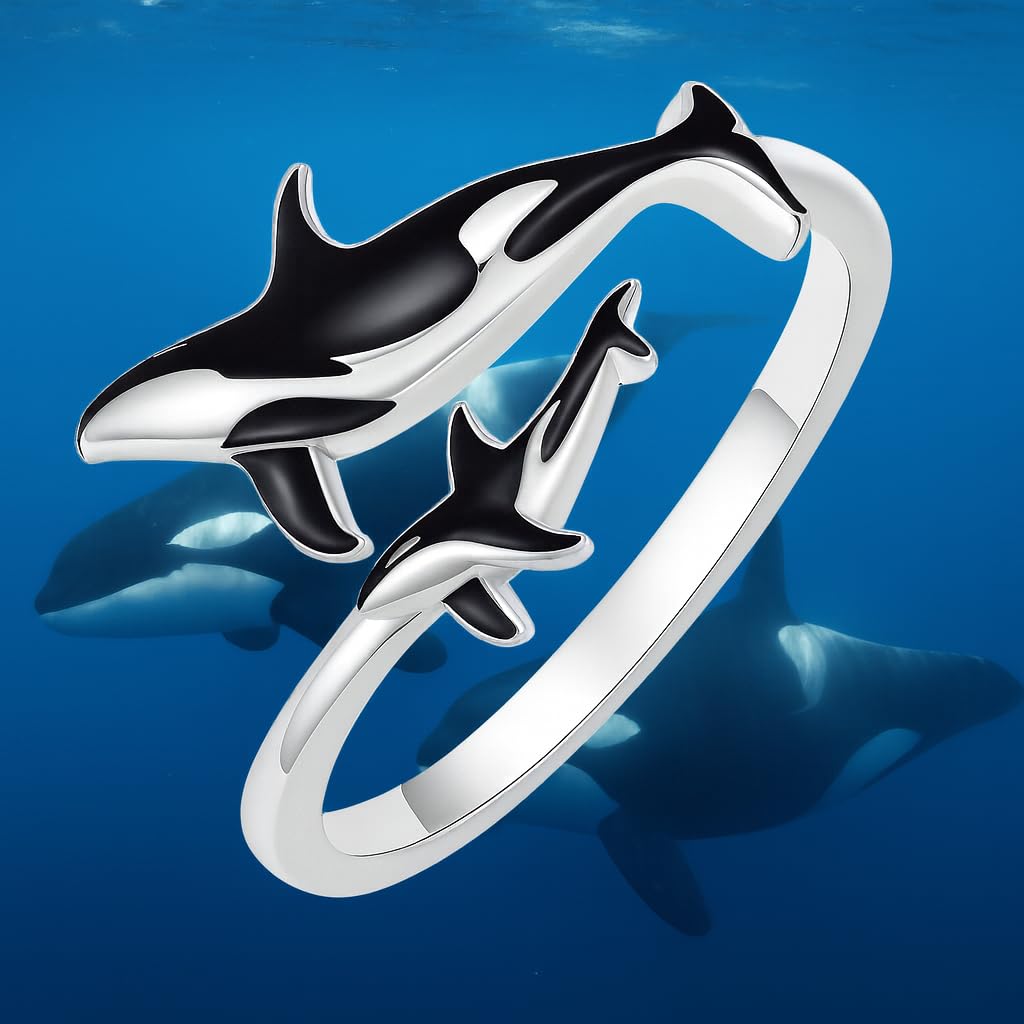 Stainless Steel Orca Whale Ring, Adjustable Size, Black and Silver - Shamu Gift