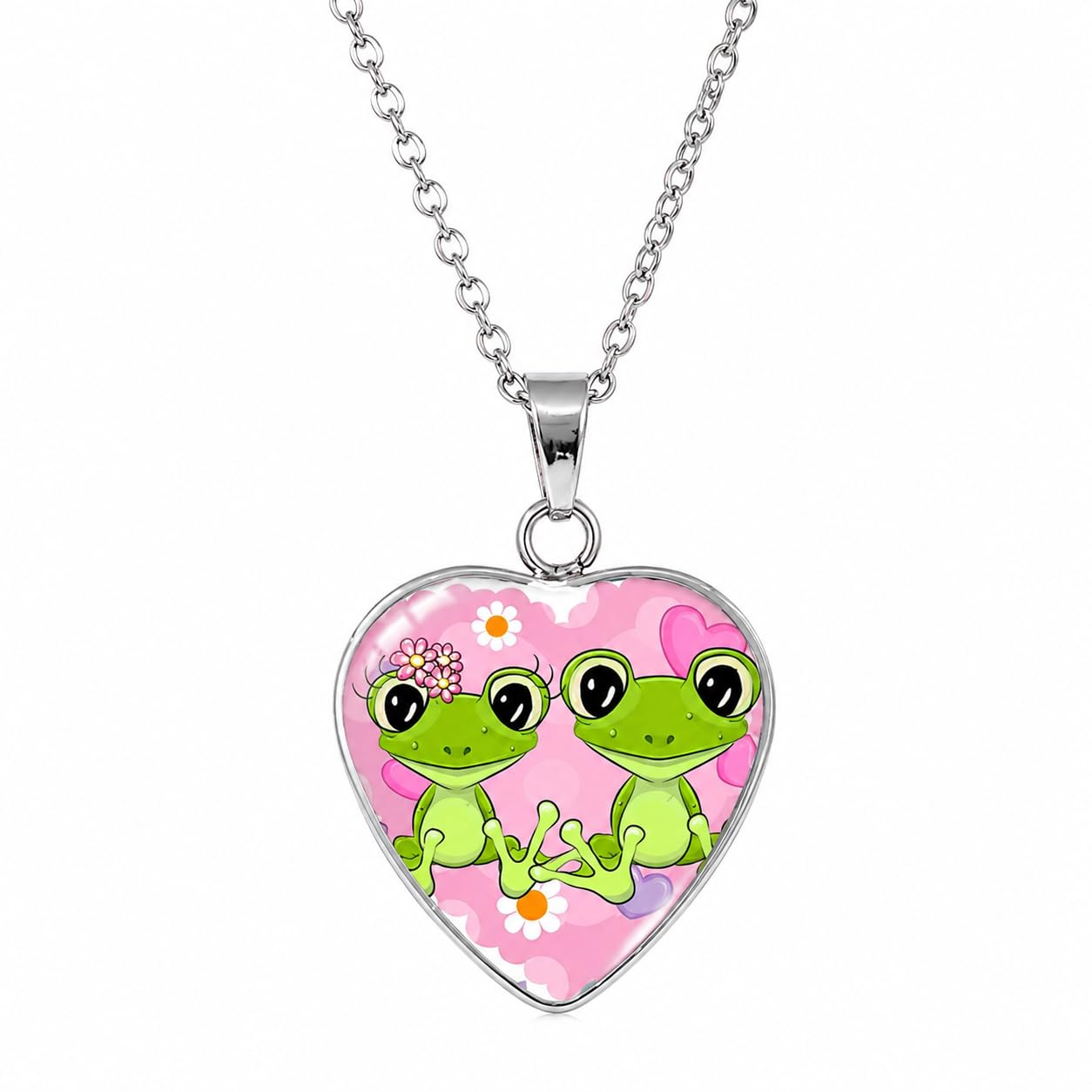 Cute Heart-Shaped Frog Glass Pendant Necklace - Silver Chain