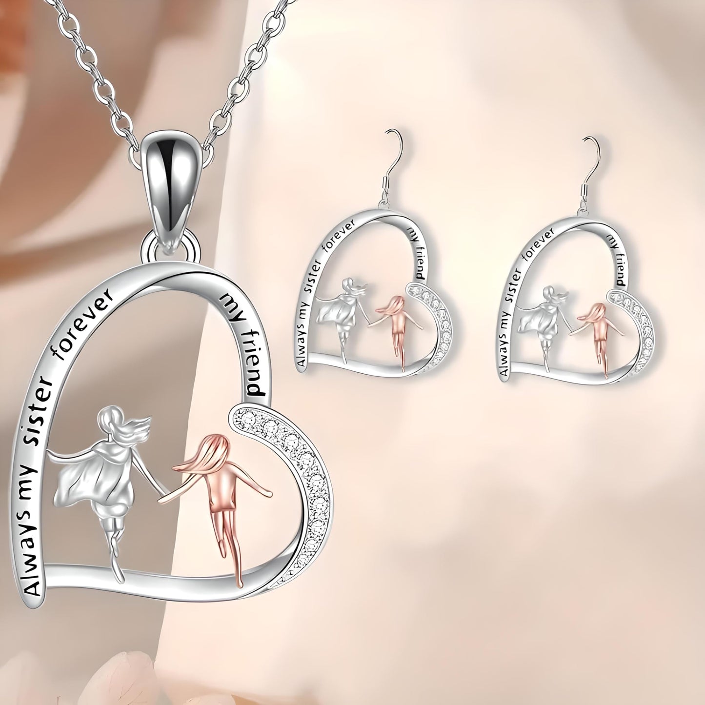 SUPAC Sister Forever Heart Necklace with Earrings Set, Silver-Tone with Clear Crystals
