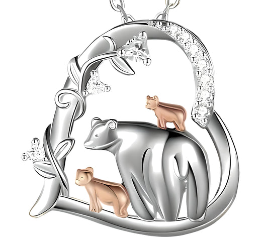 Heart-Shaped Mama Bear with Her Two Cubs Pendant Necklace for Women, Silver Plated, Synthetic Gemstones