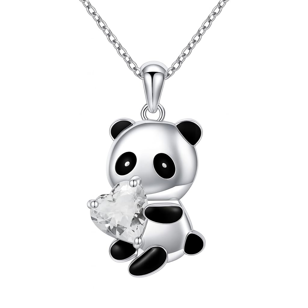 Cute Panda Heart Crystal Pendant Necklace, 17.7 inch Chain, Silver - 6+ Color Options