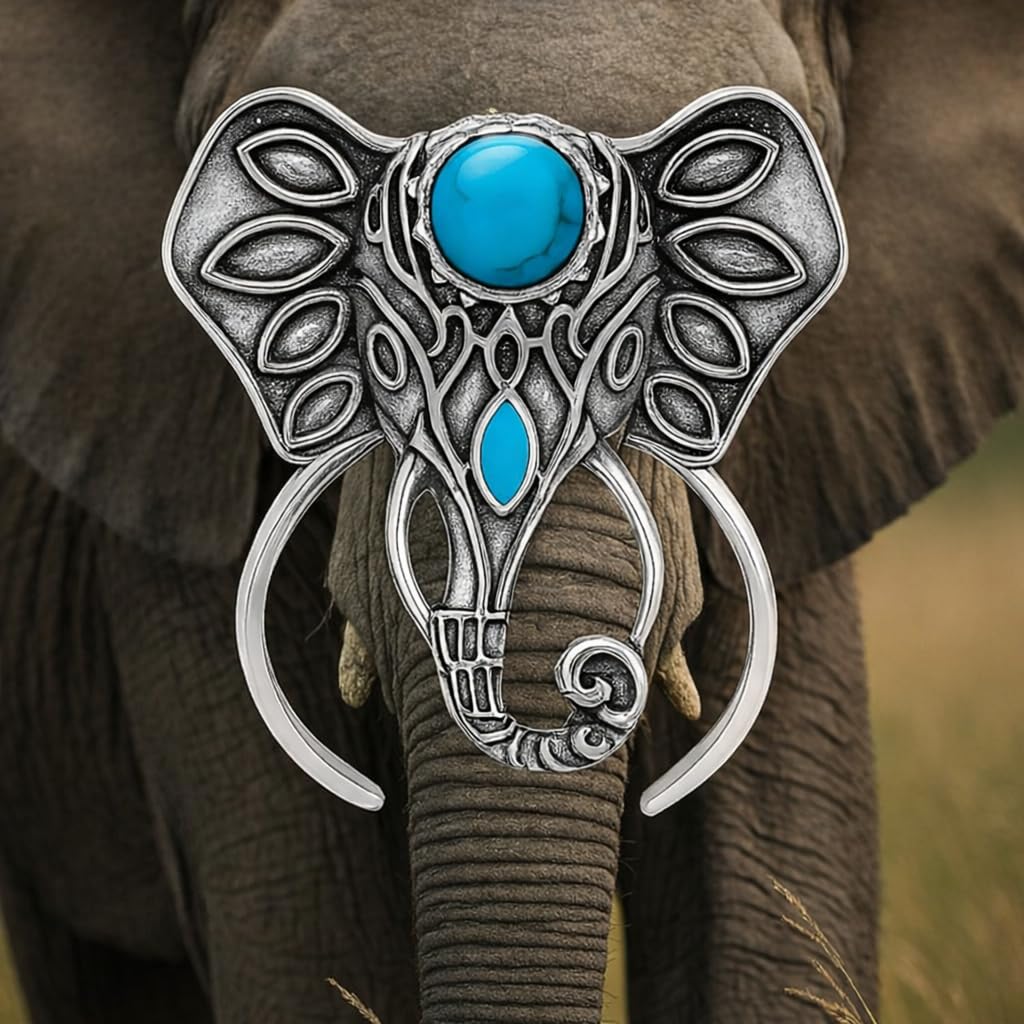SUPAC Adjustable Vintage Elephant Ring with Turquoise Inlay – Unisex Boho Style Alloy Jewelry for Everyday & Party