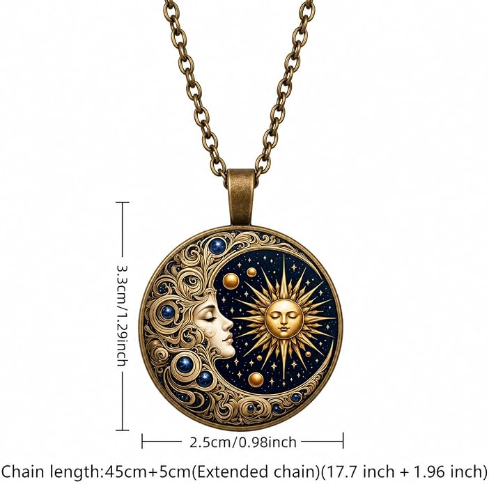 Vintage Celestial Sun & Moon Pendant Necklace, Bronze Chain - Mystical Jewelry