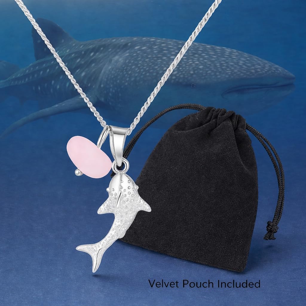 Silver Whale Shark Necklace with Pink Sea Glass Accent, Gold and Silver Chain - 4 Color Options