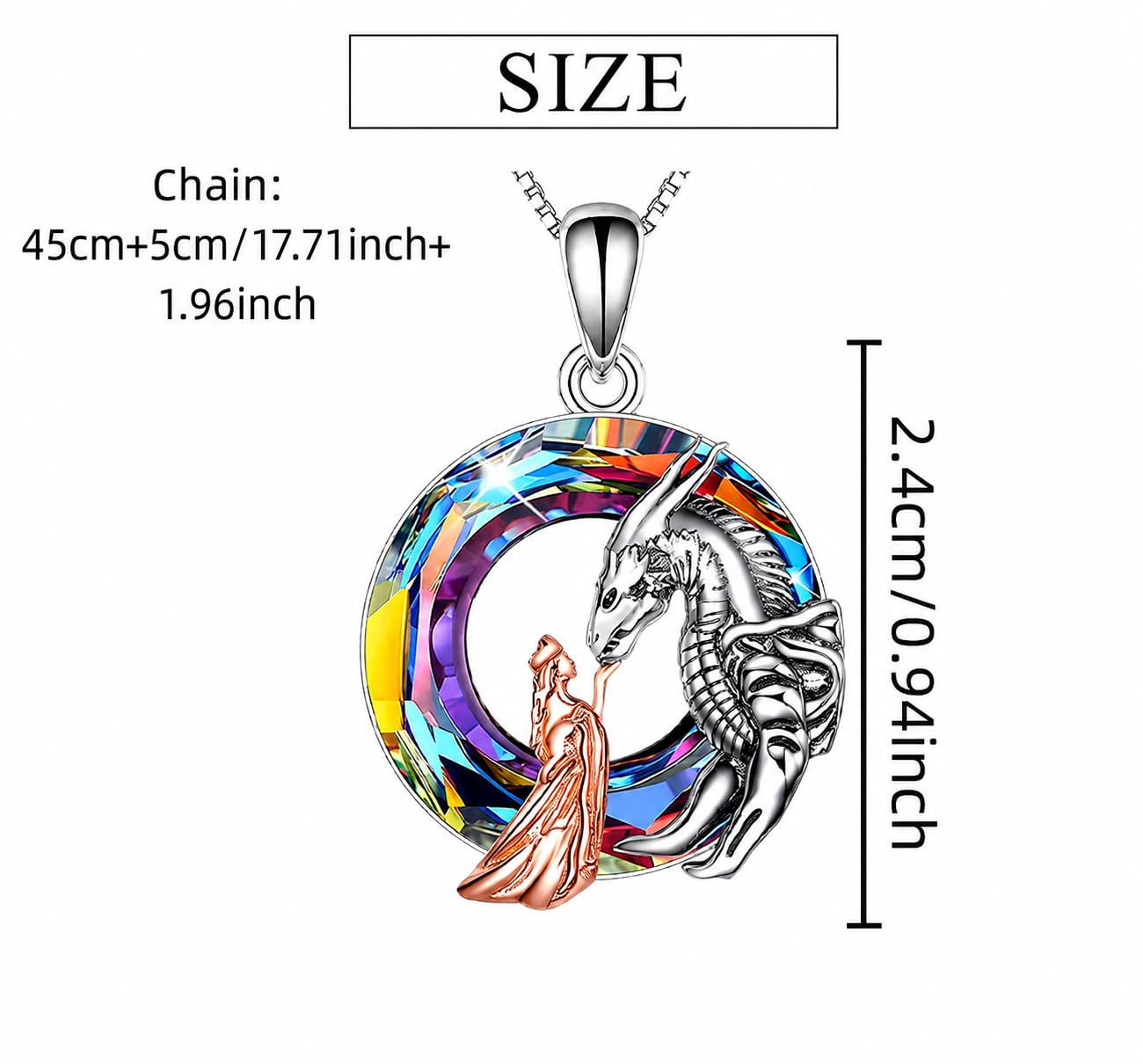 Fantasy Dragon and Maiden Jewelry Necklace - Rainbow Crystal Collection
