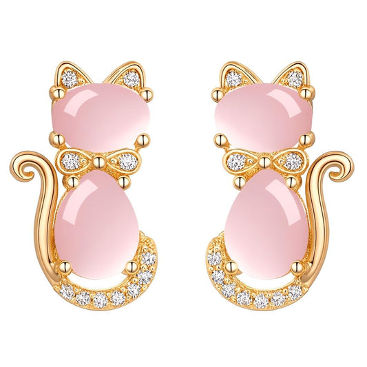 Rose Gold Cat Stud Earrings, Dog Paw Earrings, Pink Glass Crystal, Rhinestone Accents, 0.63 x 0.35 inches - Cat Earrings Gift