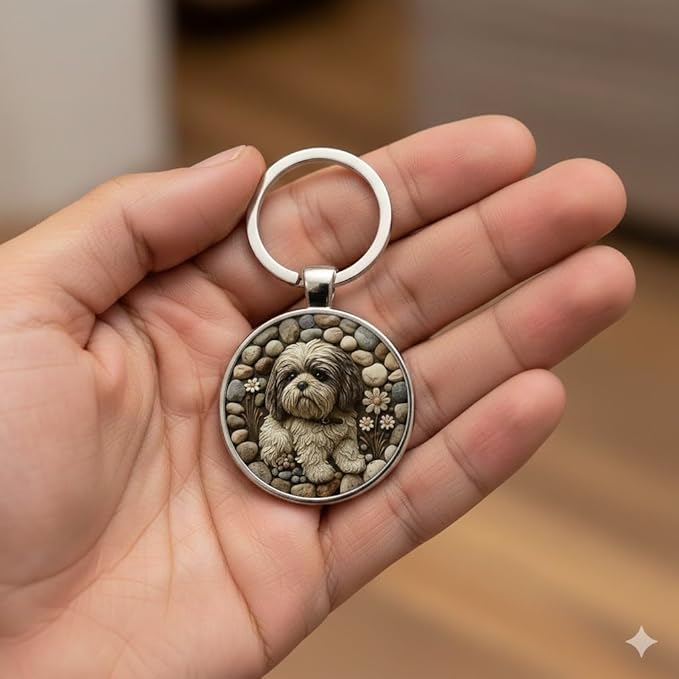 Shih Tzu Dog Lovers' Keychain, Different Puppy Breeds Portrait Round Glass Keychain, Silver Metal Frame, 1.06 Inch Diameter