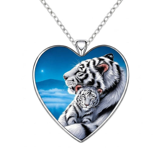 SUPAC Heart-Shaped Tiger Mom and Cub Pendant Necklace, Cute White and Black Tigers with Stainless Steel Chain, Birthday, Holiday or Christmas Gift