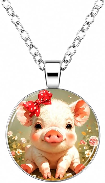 Smiling Pink Piglet Heart Necklace - Adorable Stainless Steel Jewelry Gift