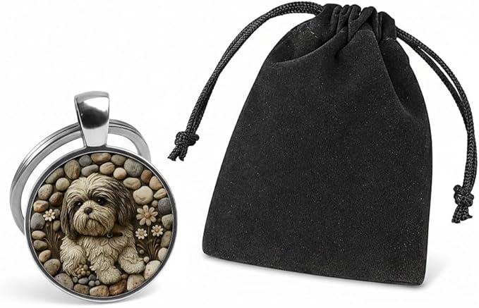 Shih Tzu Dog Lovers' Keychain, Different Puppy Breeds Portrait Round Glass Keychain, Silver Metal Frame, 1.06 Inch Diameter
