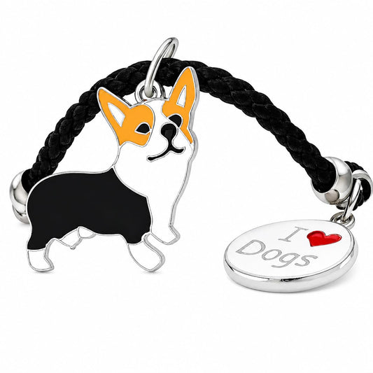 Pet Charm Bracelet with Dog Charms, Black Braided Band, I Love Dogs Design - Dog Lovers' Bracelet - Different Breeds of Dogs, Pet Lover Gift for Birthday and Holiday, Durable and Long-Lasting, Hypoallergenic and Nickel-Free, Everyday Wear (Corgi Pembroke)