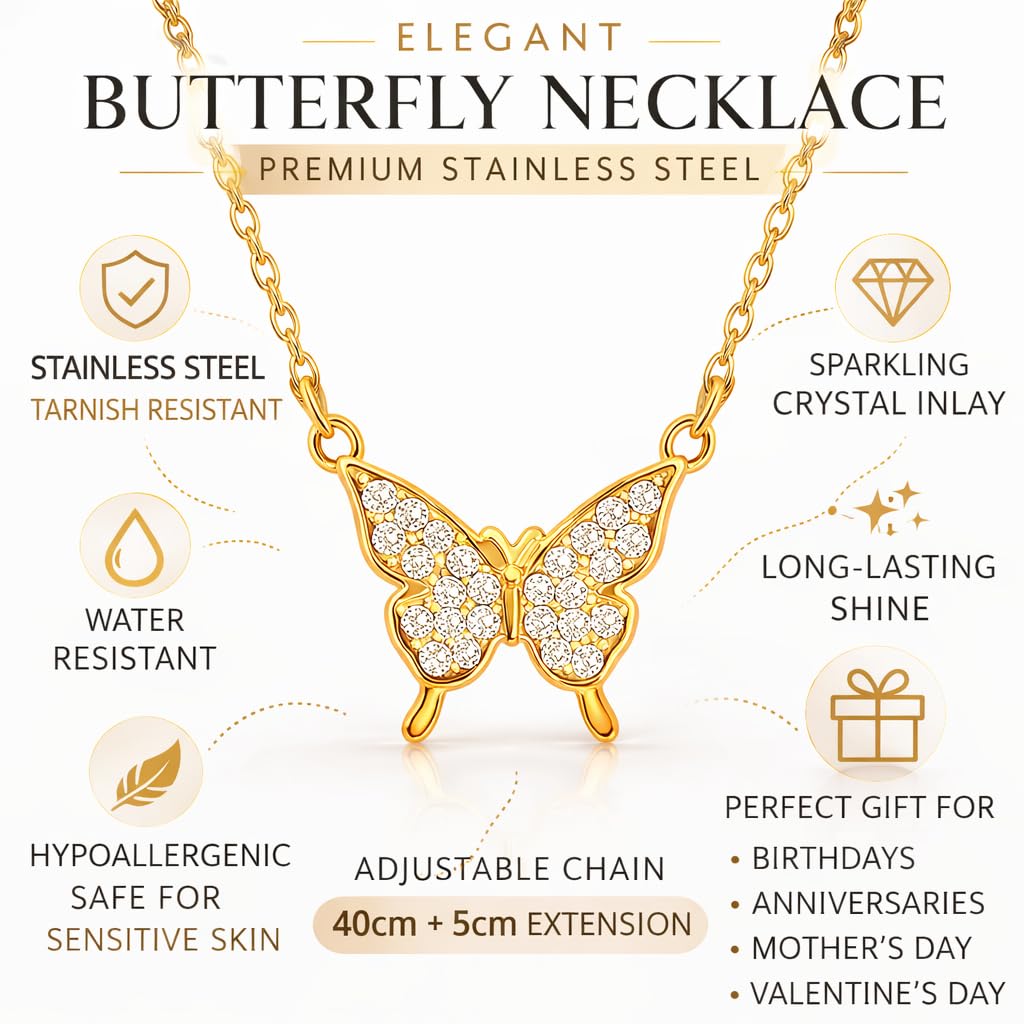 SUPAC Simulated Diamond Butterfly Pendant Necklace Golden Color Neck Jewelry Gift For Women - Graceful Beauty to Adorn Your Neckline with Sparkling Sophistication - Christmas or Birthday Gift