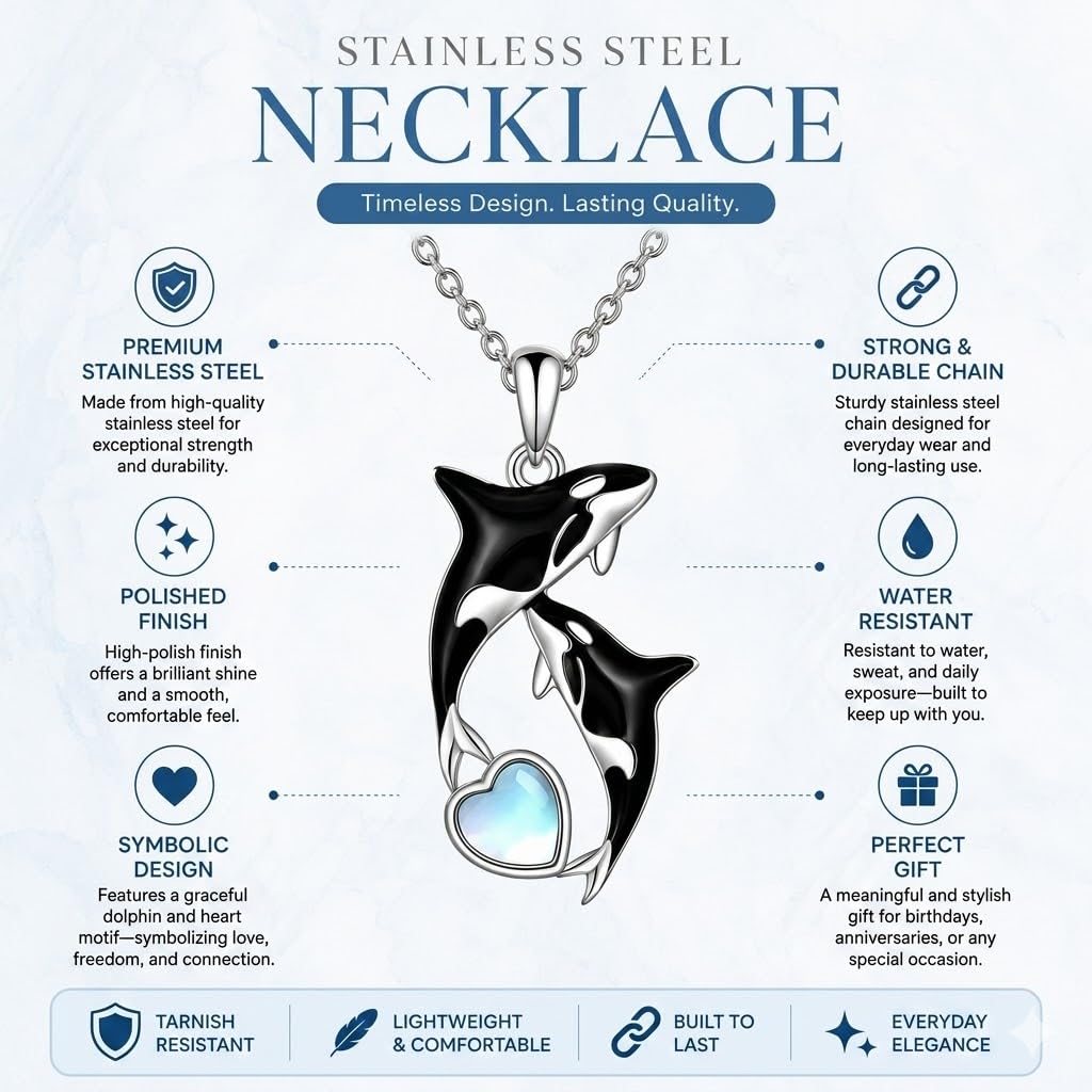 SUPAC Stainless Steel Silver Killer Whale Orca Whale Pendant Necklace, Black and Silver, Shamu Gift