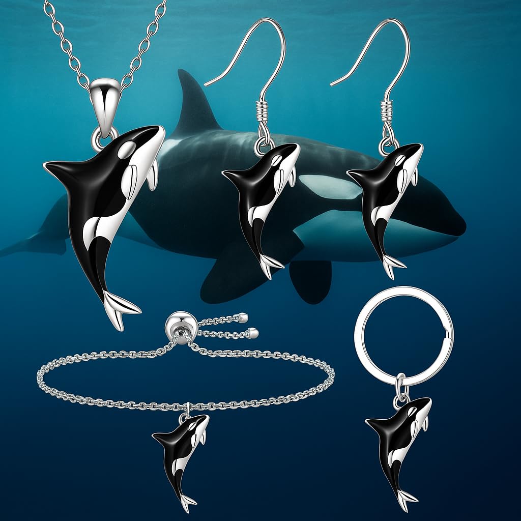 Orca Killer Whale Jewelry Set with Necklace, Earrings, Bracelet and Keychain, Black and Silver - Shamu Gift