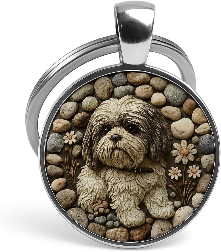 Shih Tzu Dog Lovers' Keychain, Different Puppy Breeds Portrait Round Glass Keychain, Silver Metal Frame, 1.06 Inch Diameter