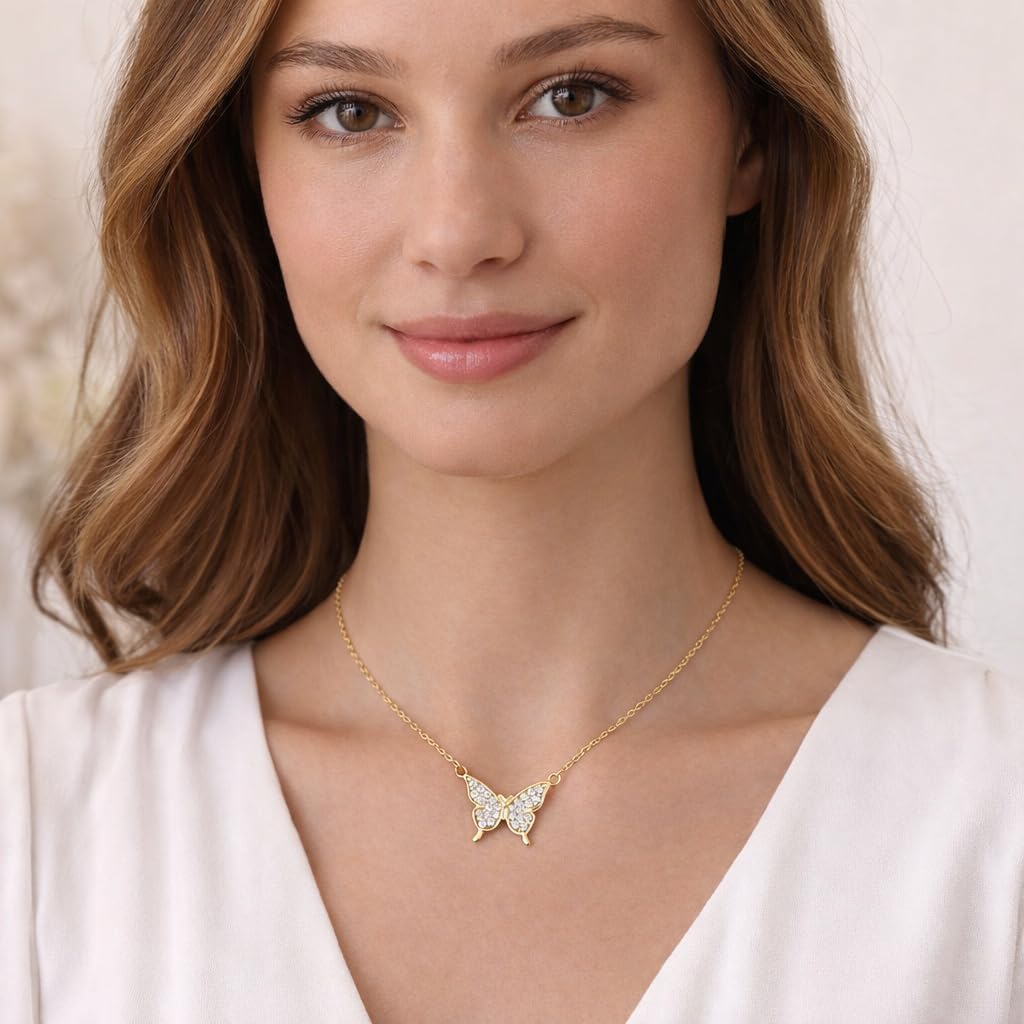 SUPAC Simulated Diamond Butterfly Pendant Necklace Golden Color Neck Jewelry Gift For Women - Graceful Beauty to Adorn Your Neckline with Sparkling Sophistication - Christmas or Birthday Gift