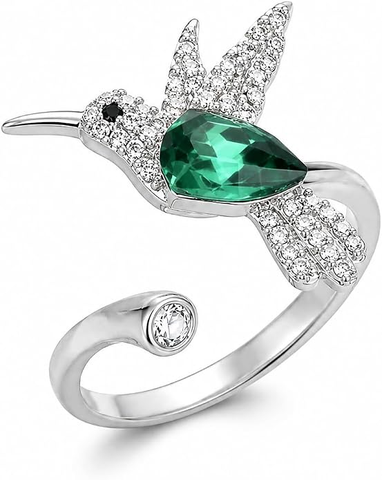 Stainless Steel Hummingbird Ring - Turquoise, Purple Enamel
