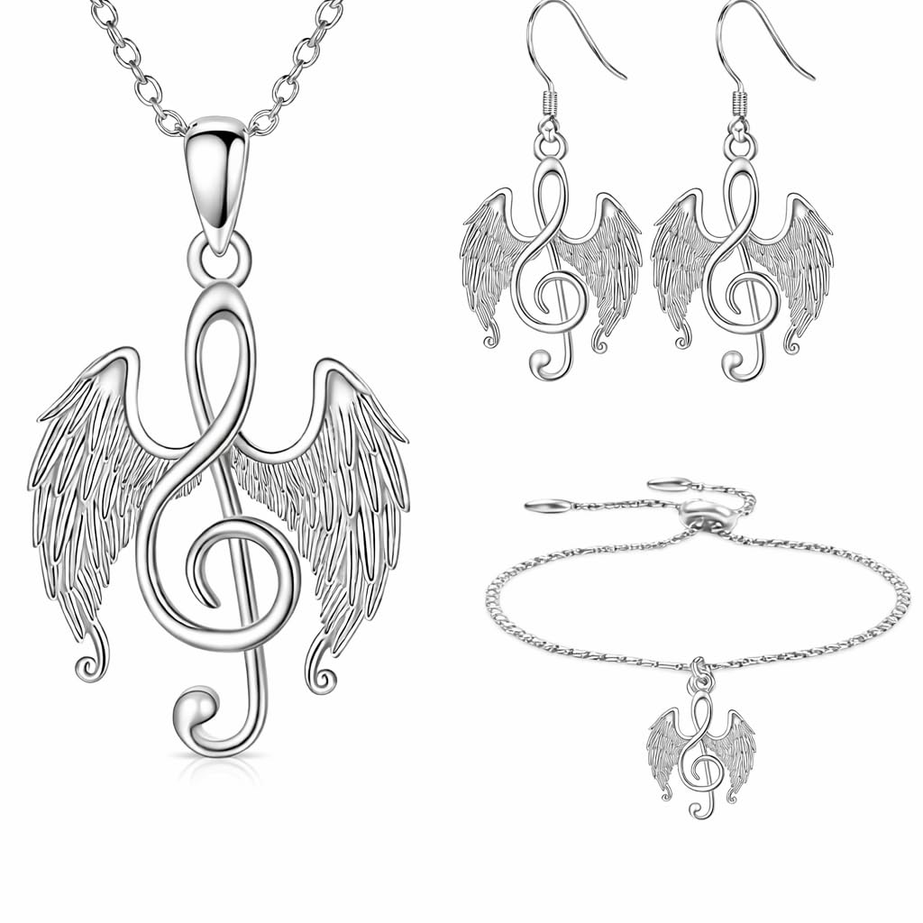 Musical Note Jewelry Set, 4-Piece Silver Treble Clef Design, Necklace Bracelet Earrings Keychain