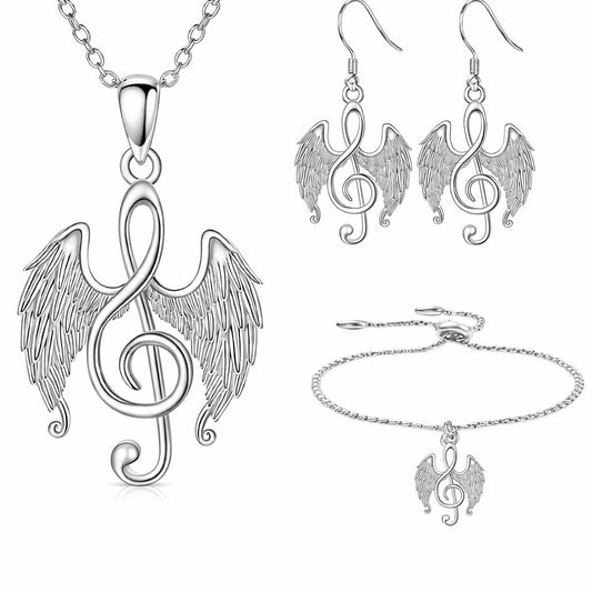 Musical Note Jewelry Set, 4-Piece Silver Treble Clef Design, Necklace Bracelet Earrings Keychain