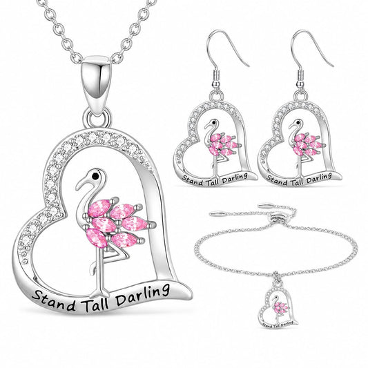 SUPAC Flamingo Jewelry Set - Necklace, Bracelet, Earrings, Keychain Pink Gem