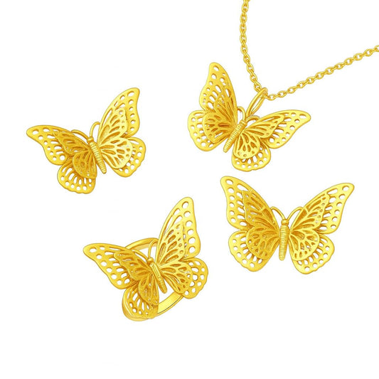 SUPAC Gold Butterfly Jewelry Set - Necklace, Earrings, Ring