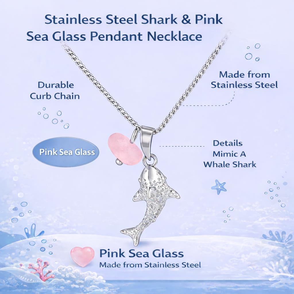Silver Whale Shark Necklace with Pink Sea Glass Accent, Gold and Silver Chain - 4 Color Options