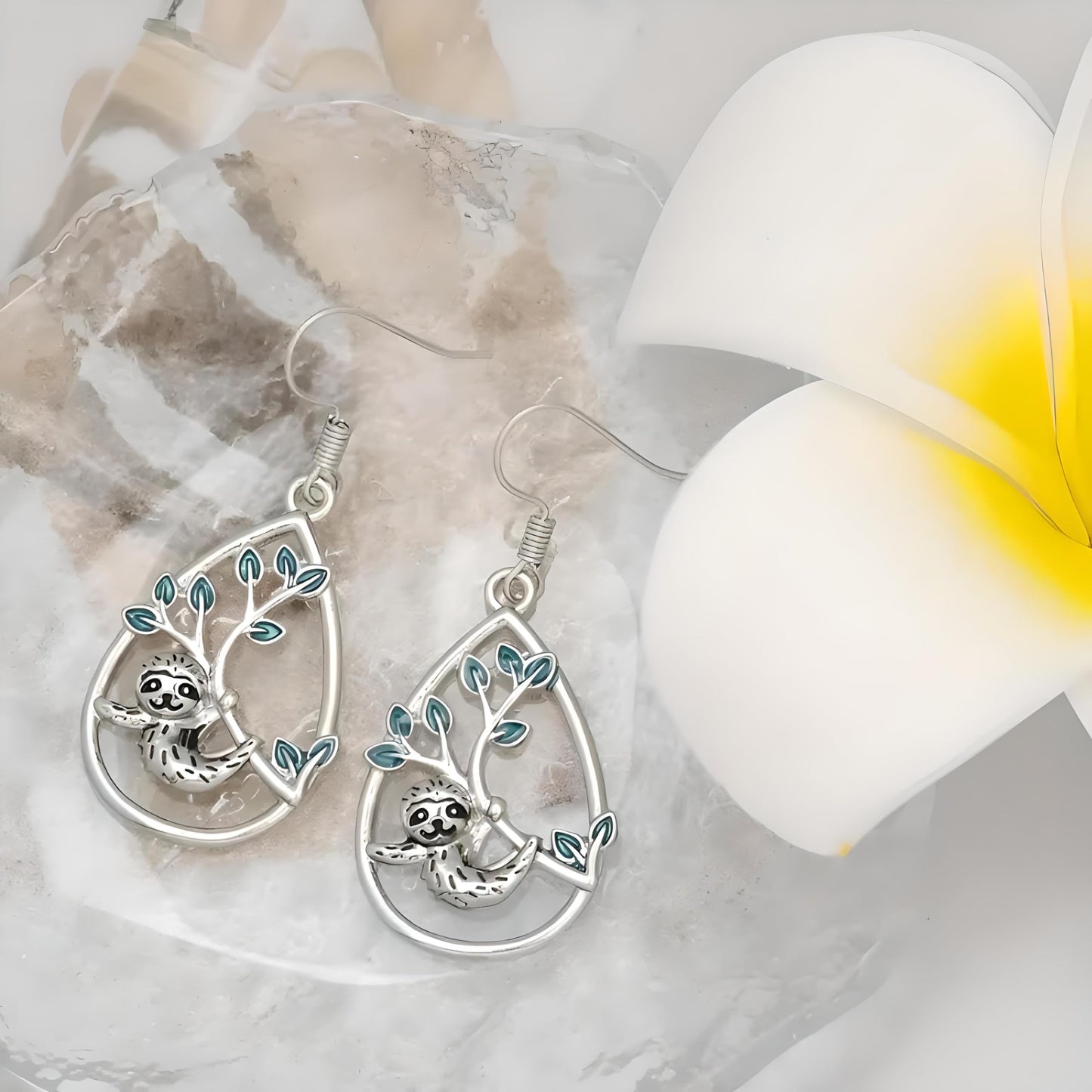 Sloth Jewelry Set, Sterling Silver Teardrop Pendant Necklace, Earrings, Bracelet and Keychain with Green Leaf Design