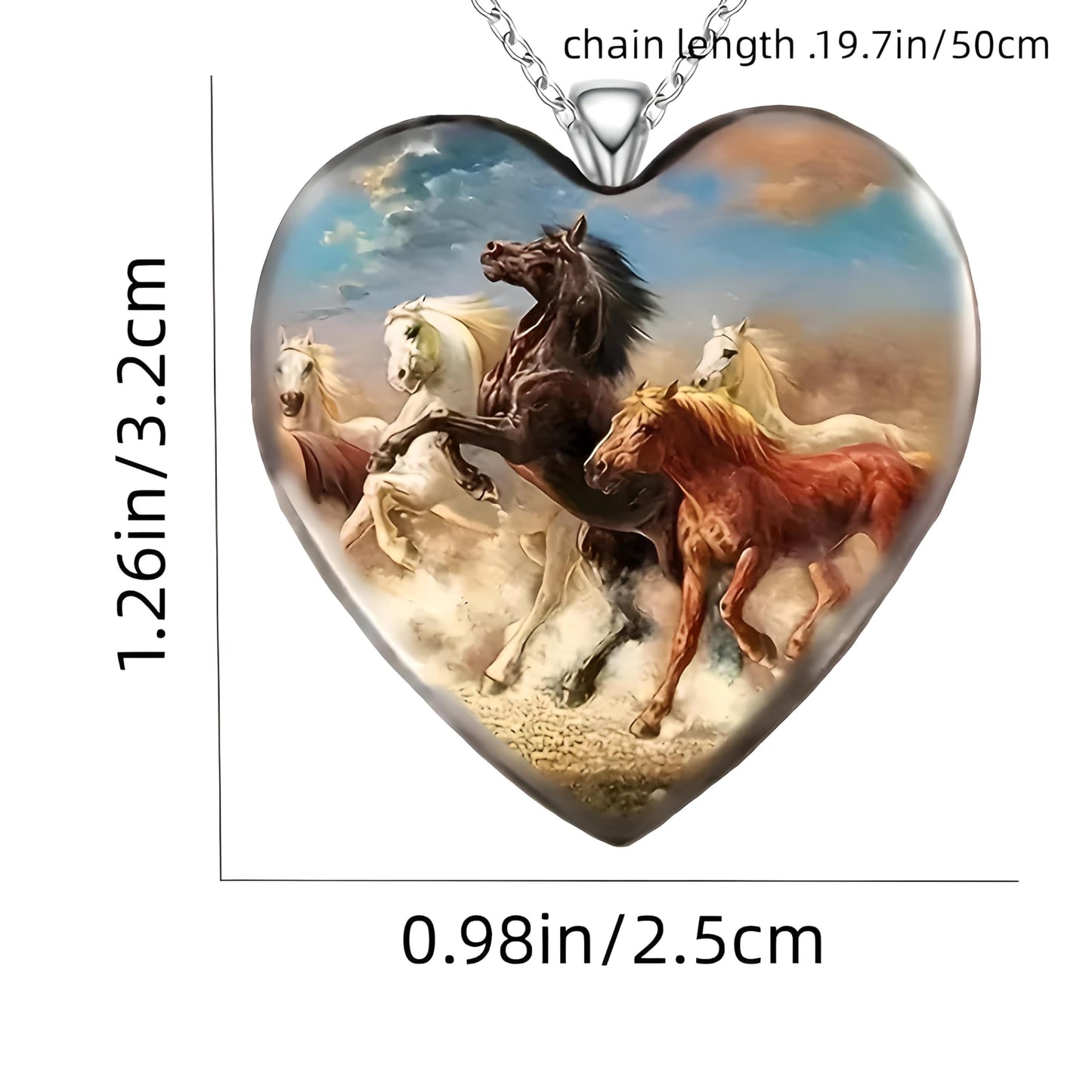 Heart-Shaped Pendant Necklace with Different Animals - Panda, Horse, Deer, Cat, Elephant, Dog Scenic Views, Stainless Steel Necklace with Glass Pendant - Christmas, Holiday, or Birthday Gift (Horses)