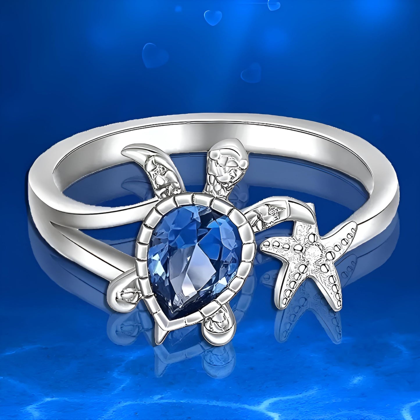 SUPAC Stainless Steel Blue Crystal Turtle Ring, Adjustable Size - Turtle Lovers' Gift