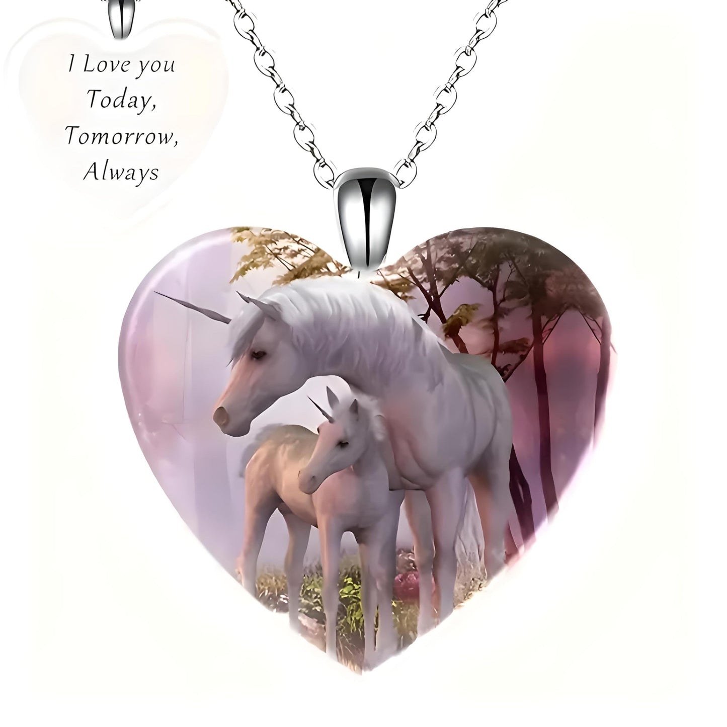 Heart-Shaped Pendant Necklace with Different Animals - Panda, Horse, Deer, Cat, Elephant, Dog Scenic Views, Stainless Steel Necklace with Glass Pendant - Christmas, Holiday, or Birthday Gift (Unicorns)