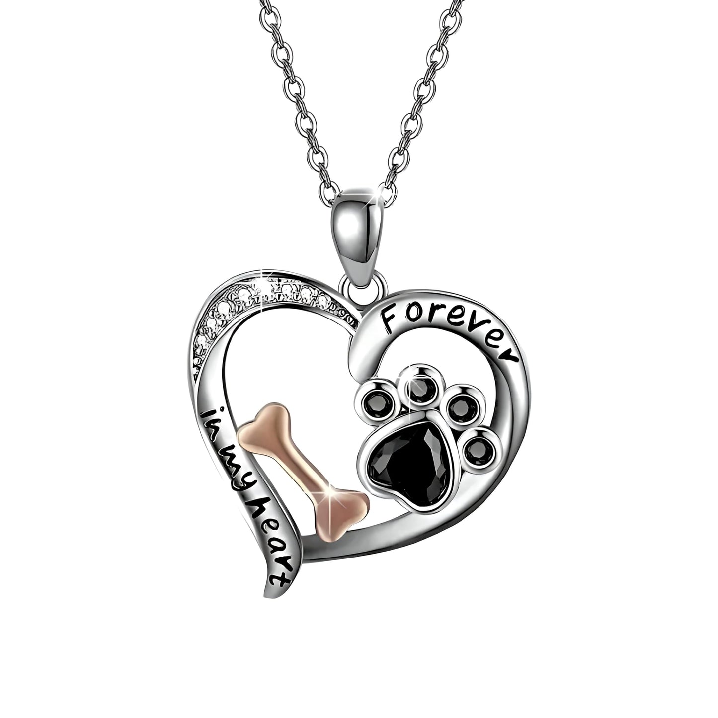 Pet Memorial Jewelry Set, Forever in My Heart Paw Print and Bone Design, 4-Piece Silver Necklace, Bracelet, Earrings and Keychain