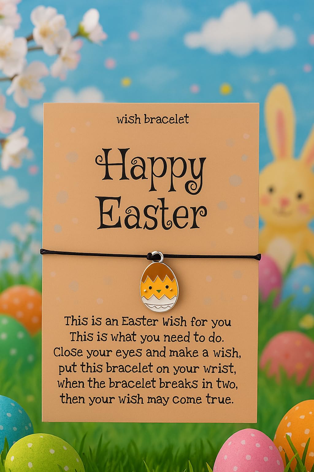 Easter Wish Bracelet with Bunny Charm, Easter Egg, Black String Adjustable Friendship Bracelet, Holiday Gift