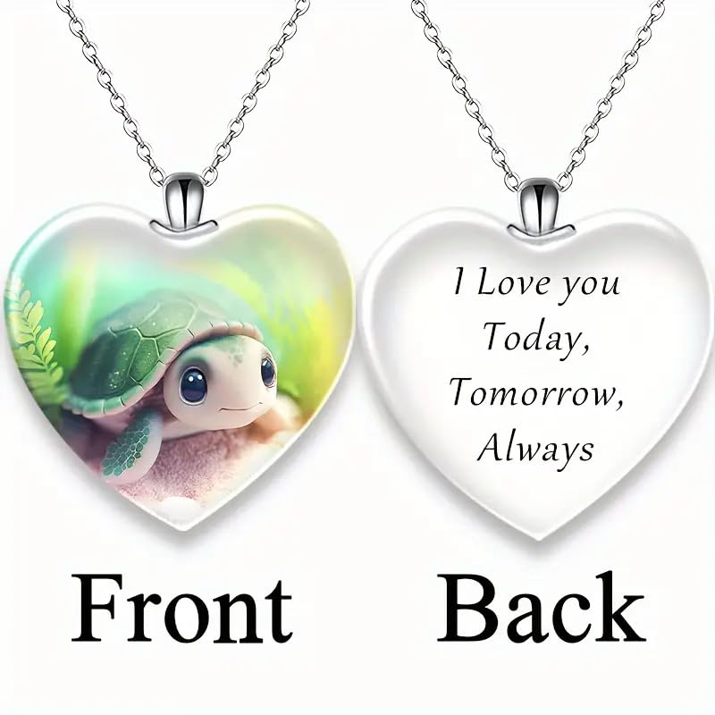 SUPAC Cute Underwater Turtle Glass Heart Pendant Necklace, 'I Love You Today, Tomorrow, Always' Engraved - Holiday, Christmas, or Birthday Gift