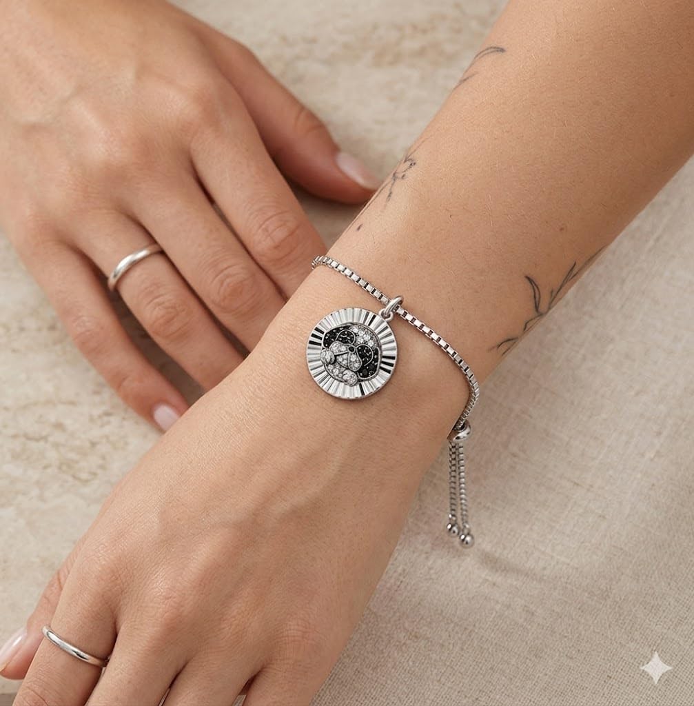 SUPAC Shih Tzu Charm Bracelet, Stainless Steel with Silver Plating, Adjustable Box Chain, Round Dog Pendant with Black & Clear Stones