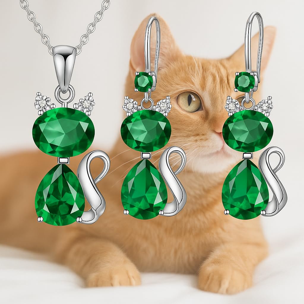 SUPAC Pink and Purple Cat Jewelry Set, Rose Gold Plated Crystal Necklace Earrings Ring, Gift for Cat Enthusiasts 6 Color Variations