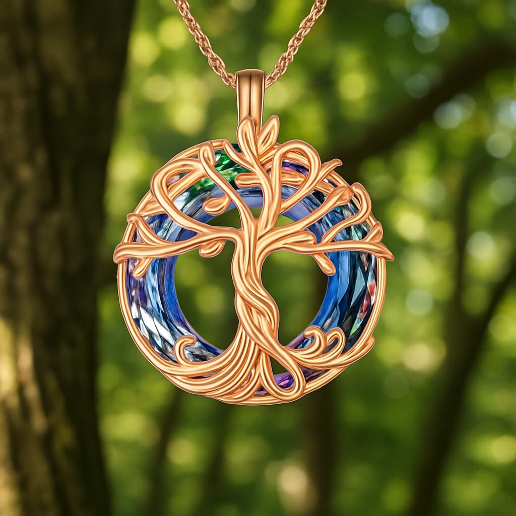 SUPAC Tree of Life Swing, Sloth, Horse + Other Styles Pendant Necklace, Silver Chain, Crystal Rainbow Background - Gift for Friends (Rose Gold Tree of Life)